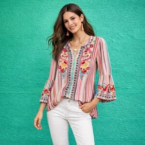 SAVANNA JANE FIESTA LONGLINE STRIPED EMBROIDERED BOHO TUNIC TOP NWT